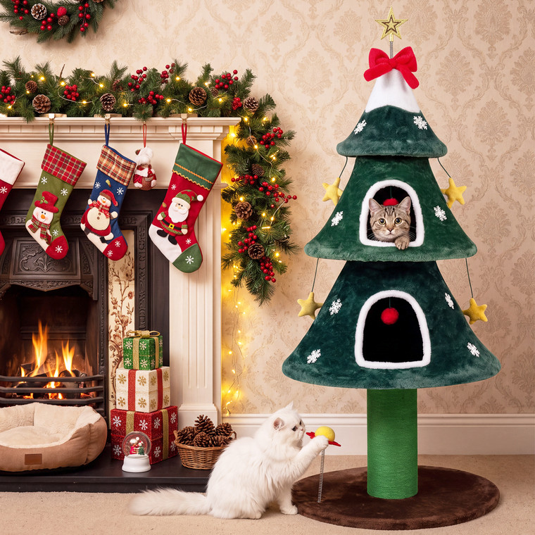 54 inch Christmas Cat Tree with 2 Private Condos and Hanging Stars - CatsPlay.com