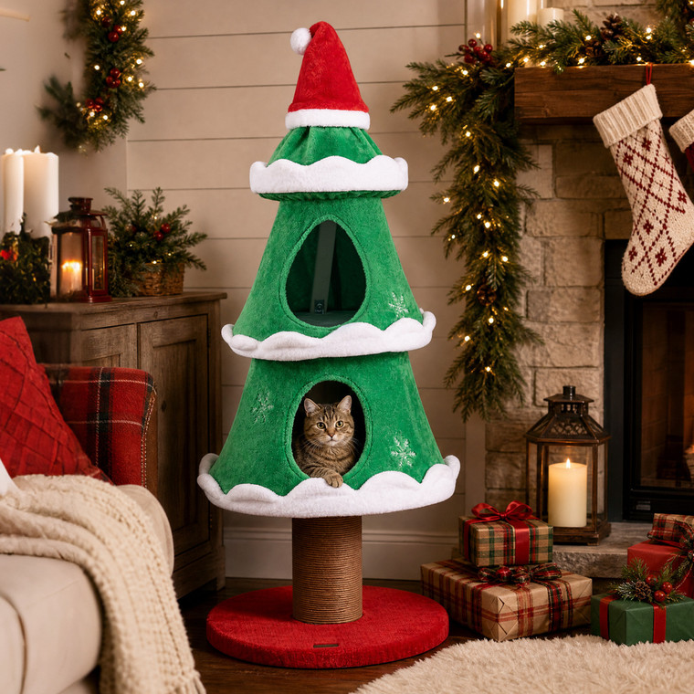 51 inch Christmas Cat Tree with Santa Hat Topper and 2 Condos - CatsPlay.com