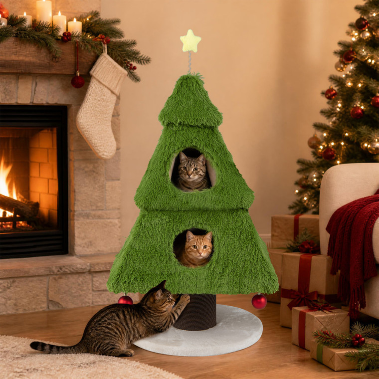 47.5 inch Christmas Cat Tree with 2 Condos and Dangling Ornaments - CatsPlay.com