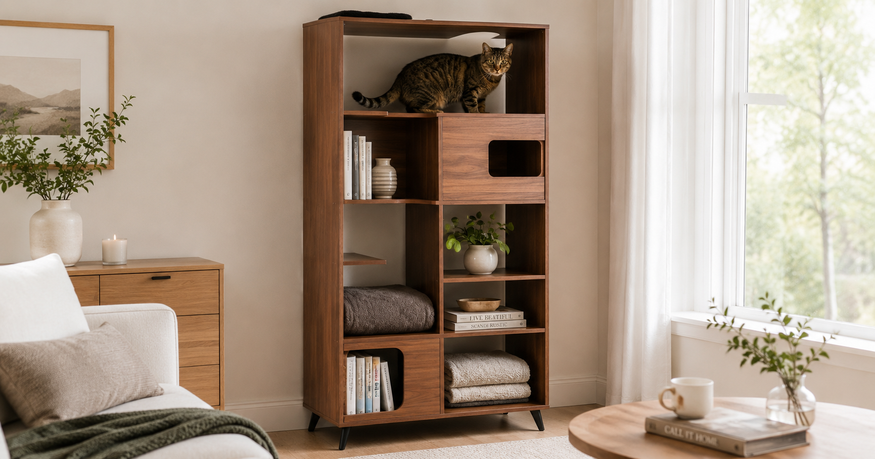 Cat napping in a bookshelf cat tree nook