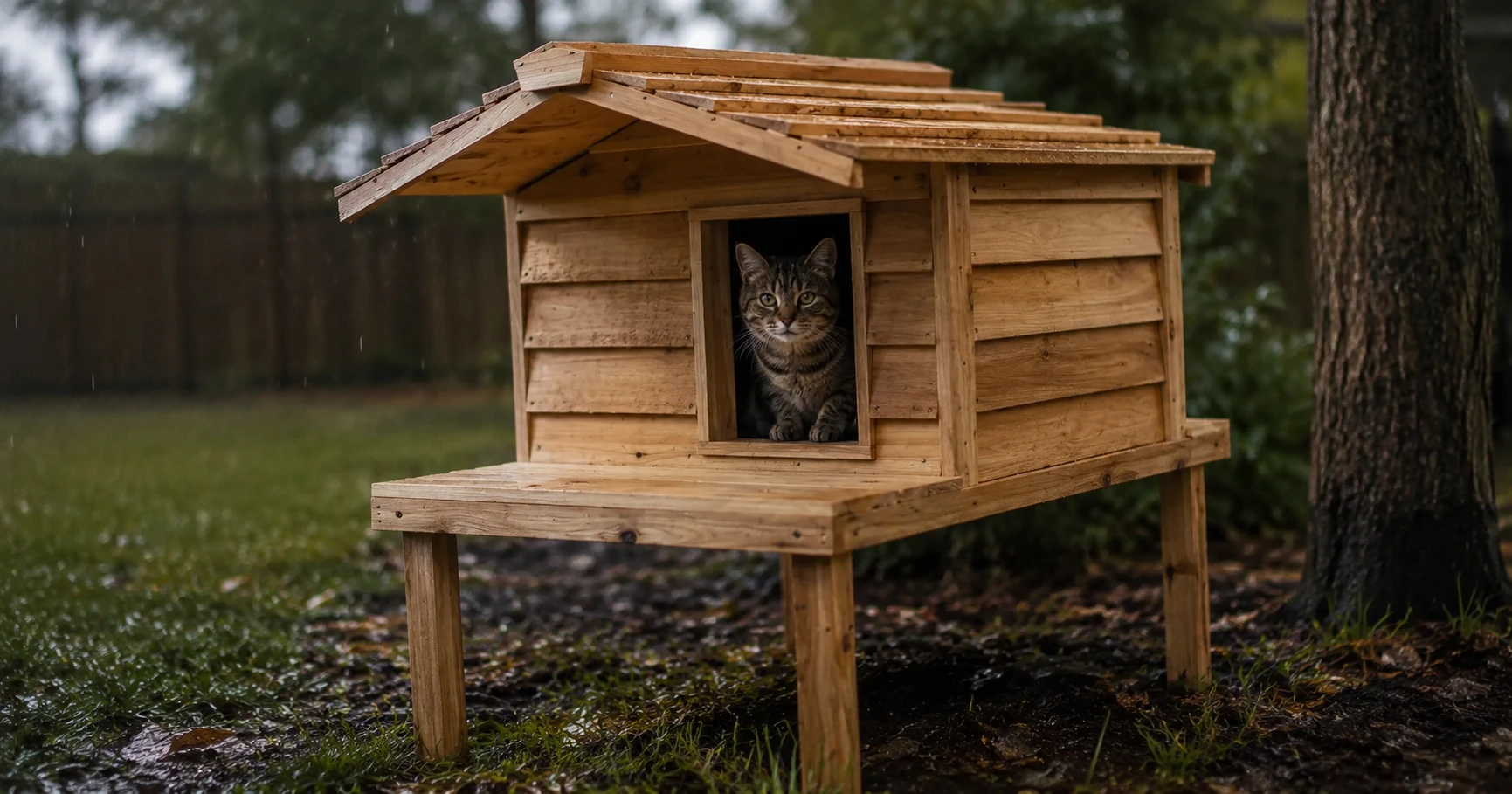 Cedar outdoor cat house with sloped roof and raised base in the rain