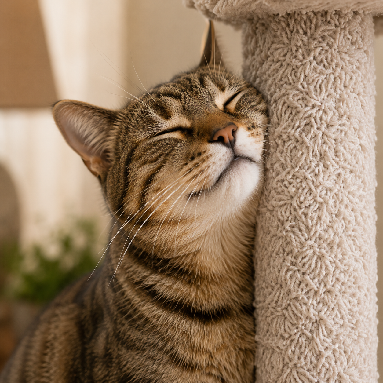 cat rubbing its face and cheek on the side of a post on a cat tree