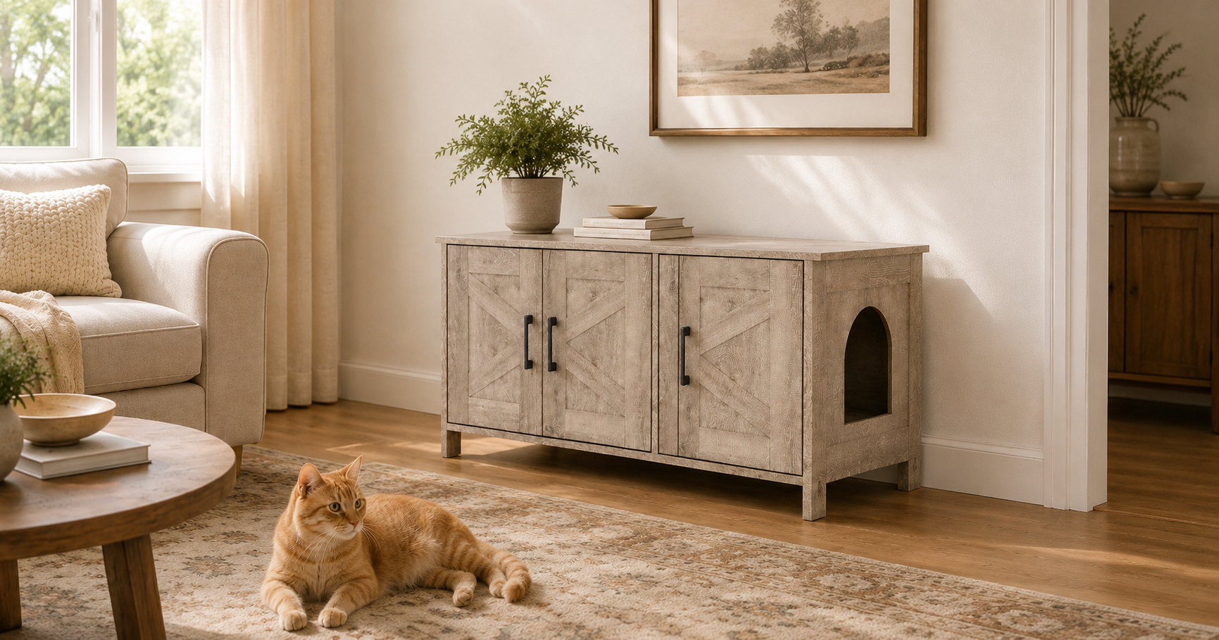 Litter box furniture cabinet blending into a styled living room as a side table