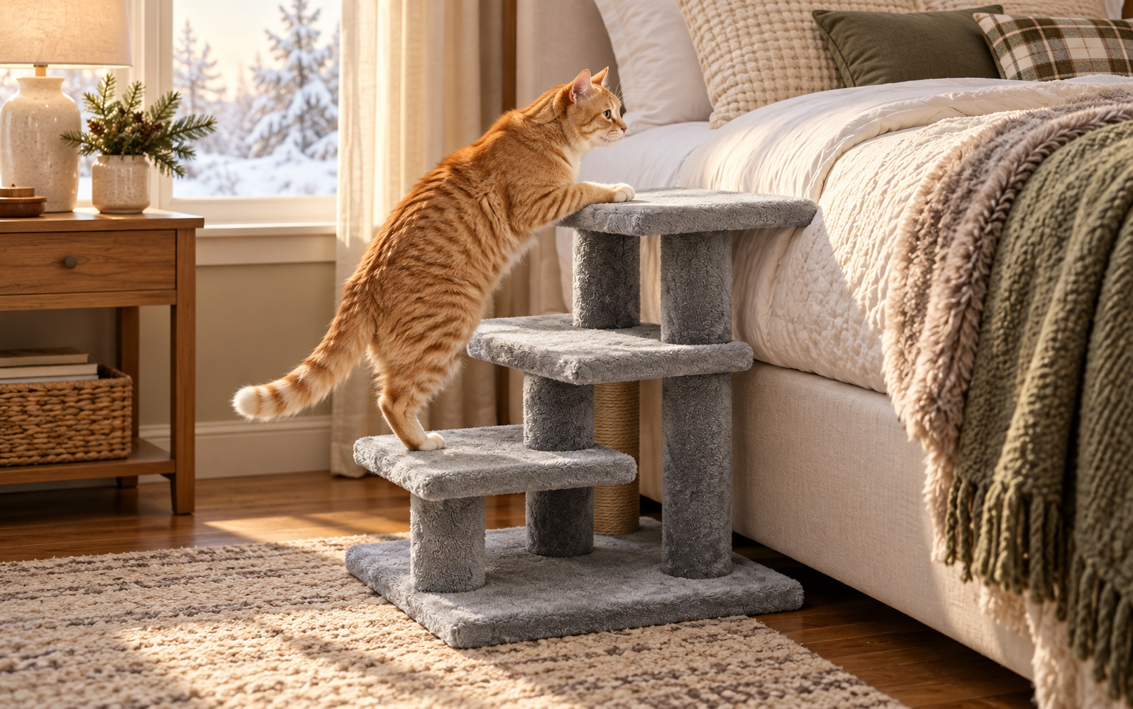 Older cat climbing cat steps up to a bed covered with a winter quilt