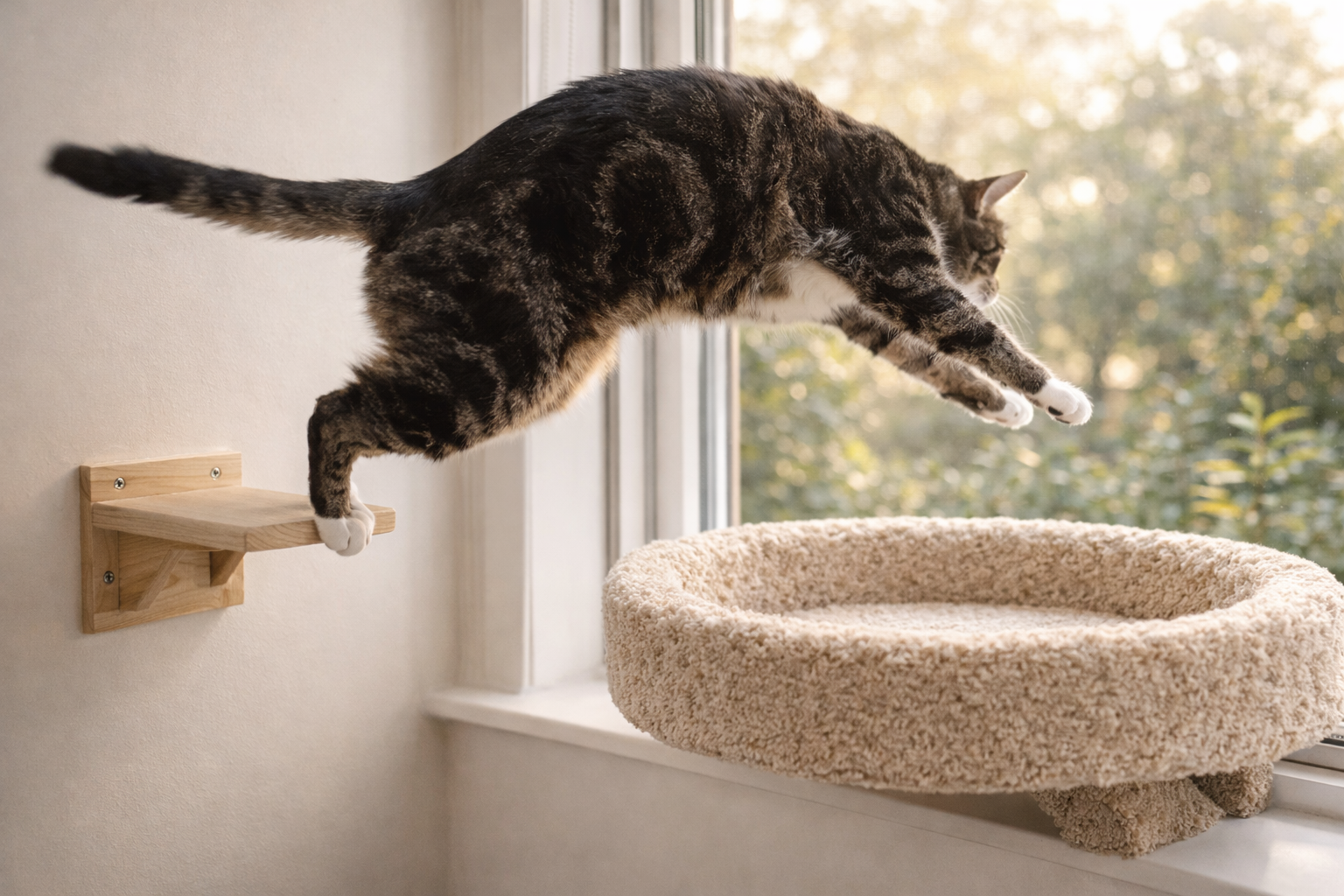 Cat jumping between wall shelf and window perch