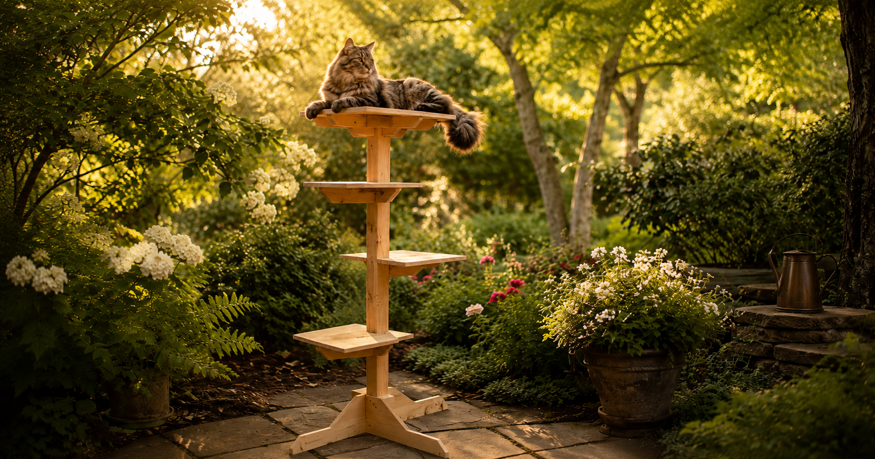 Outdoor cedar cat tree in garden setting with cat resting on platform -- CatsPlay.com