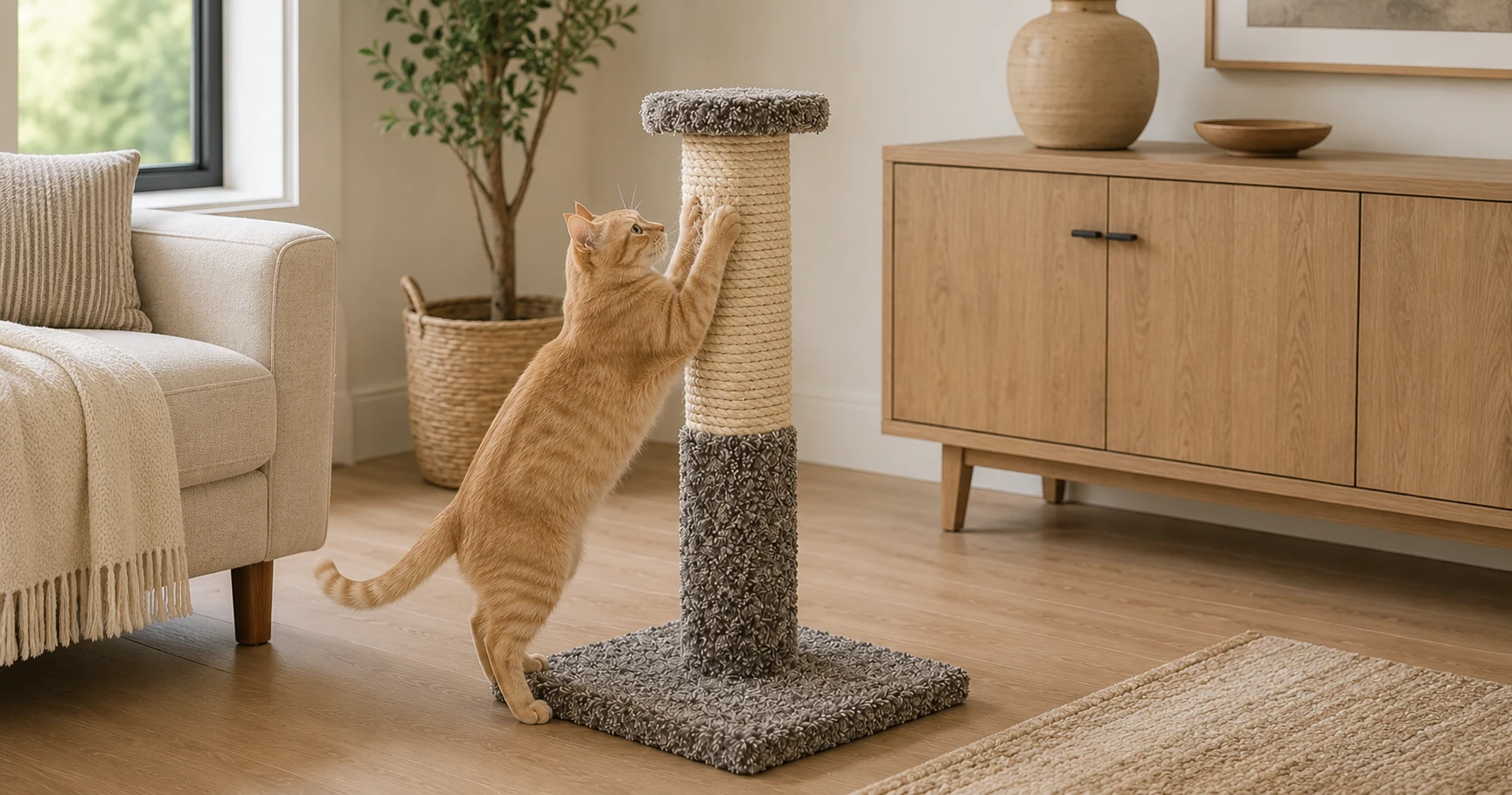 Sisal and carpet scratching posts side by side with a cat scratching the sisal post