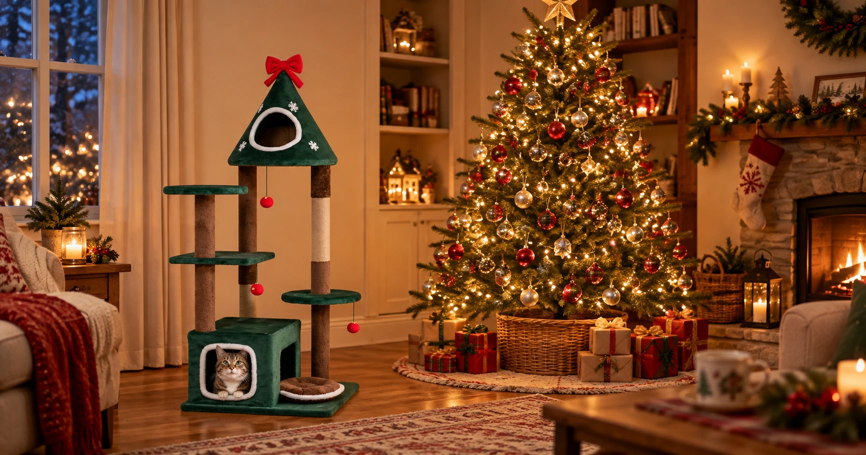 Cat in its own Christmas cat tree next to a decorated real Christmas tree