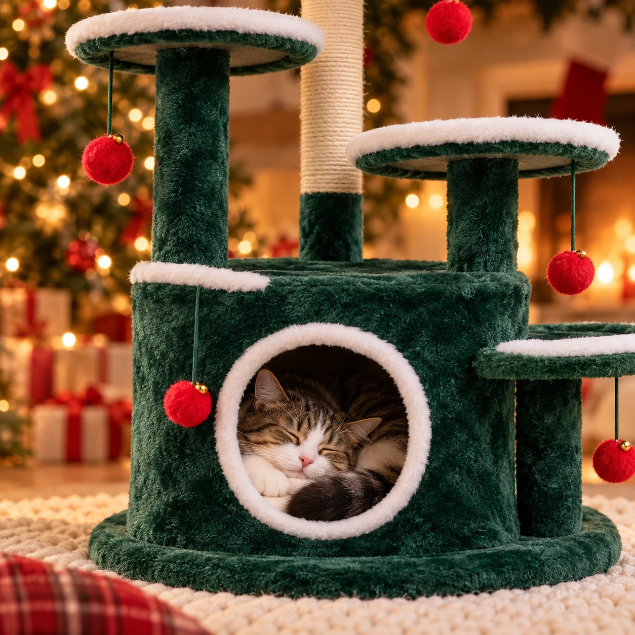 Cat asleep in the condo of a Christmas cat tree
