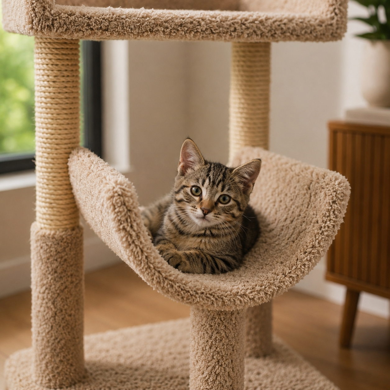 Kitten confidently perched on a low cat tree platform, relaxed and settled -- CatsPlay.com