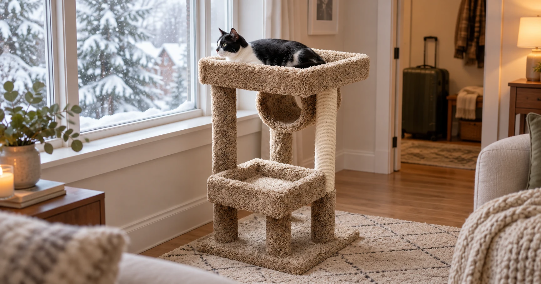 Cat watching snow from a cat window seat while its owner is away for the holidays