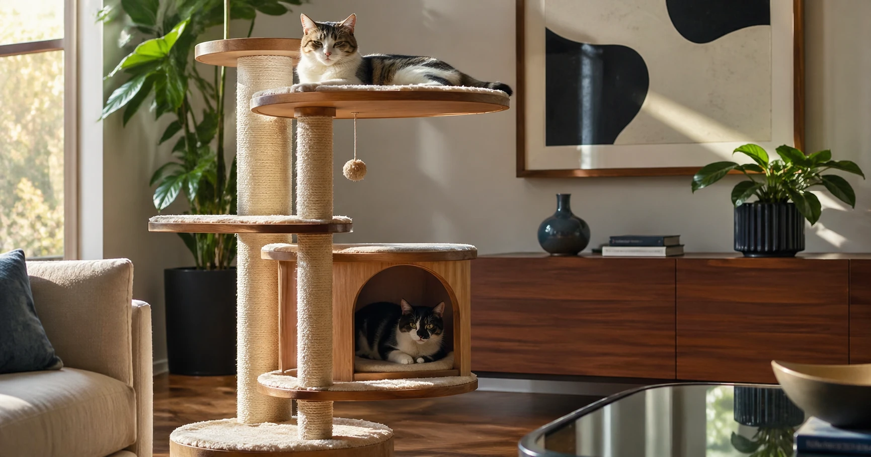 Two cats relaxing on different levels of a large cat gym &mdash; one on a high perch, one in an enclosed condo below, warm living room setting