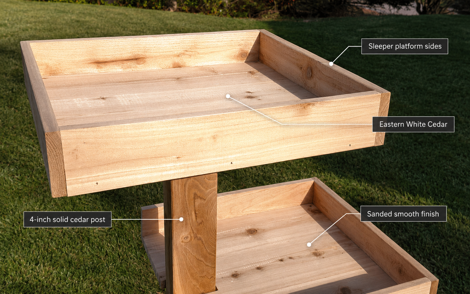 Cedar cat tree post and hardware detail showing solid wood construction -- CatsPlay.com