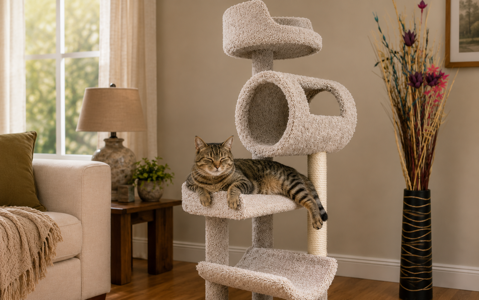 Cat relaxed and settled on a cat tree -- the result of a successful behavioral introduction