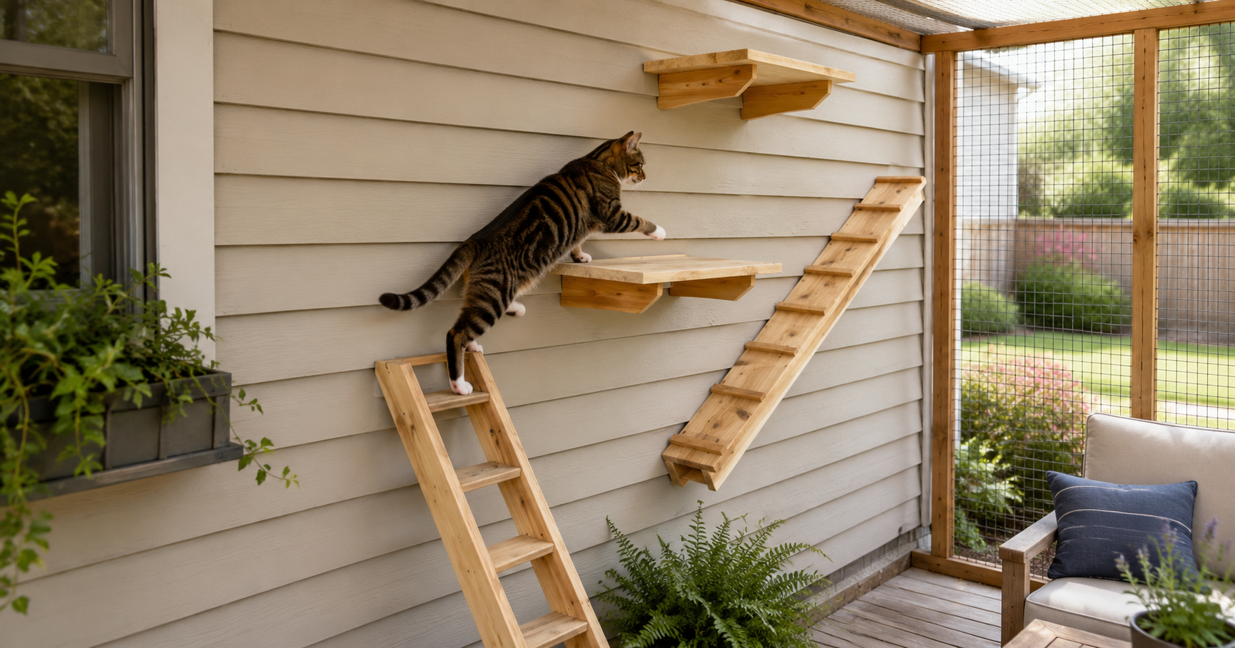 Outdoor cat wall shelves installed in a catio