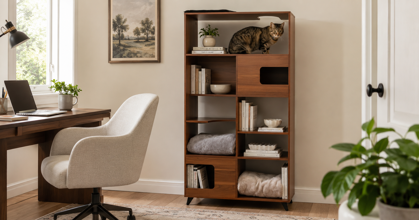 Cat tree bookshelf holding real books and home decor