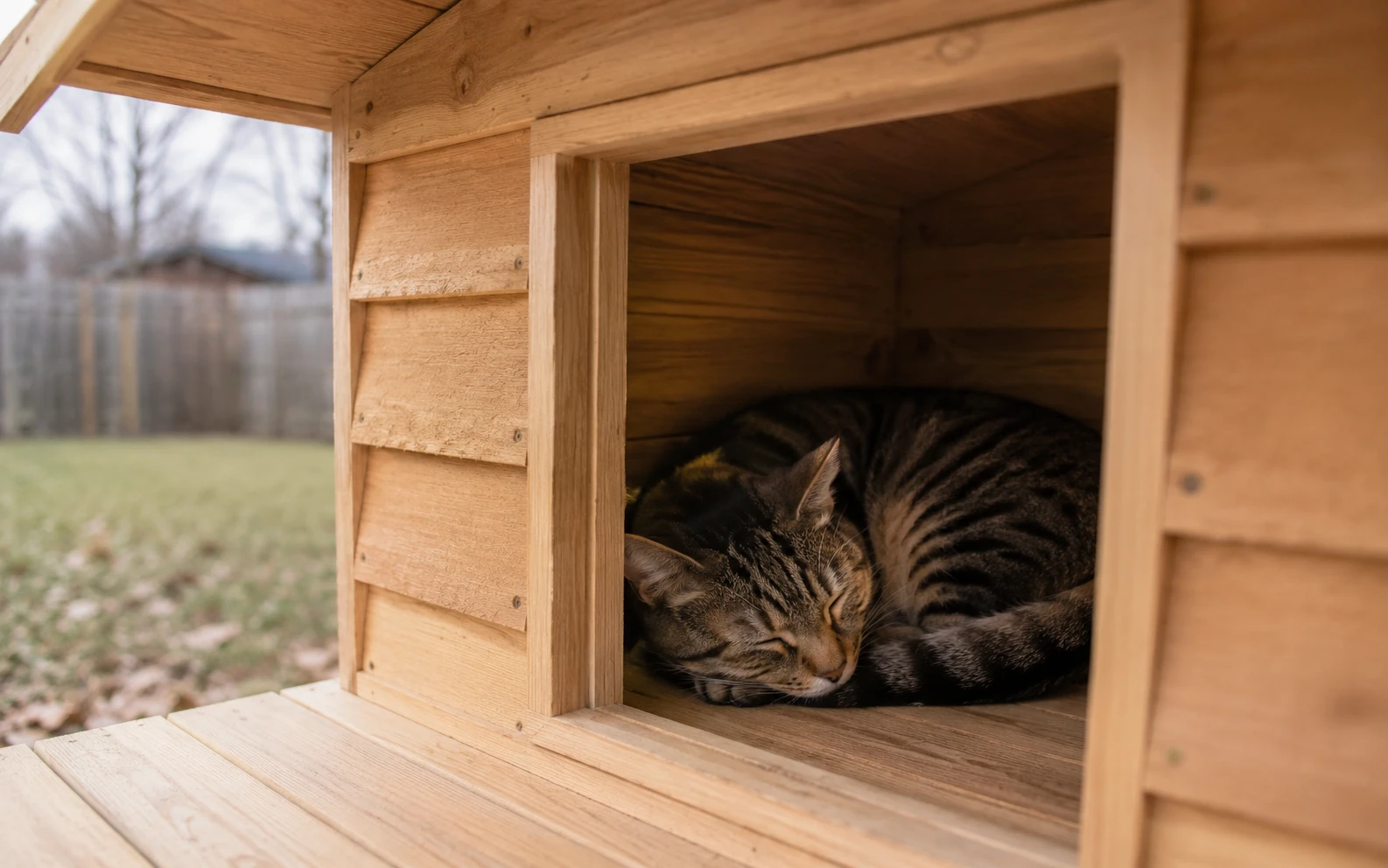 Cat curled up inside a small insulated cedar outdoor cat house