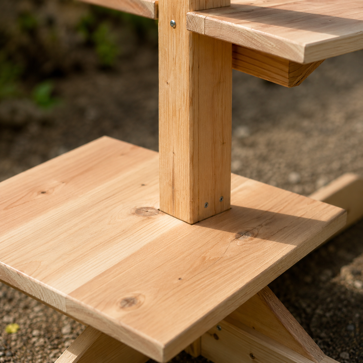 Cedar outdoor cat tree base showing solid wood post construction and joinery detail -- CatsPlay.com