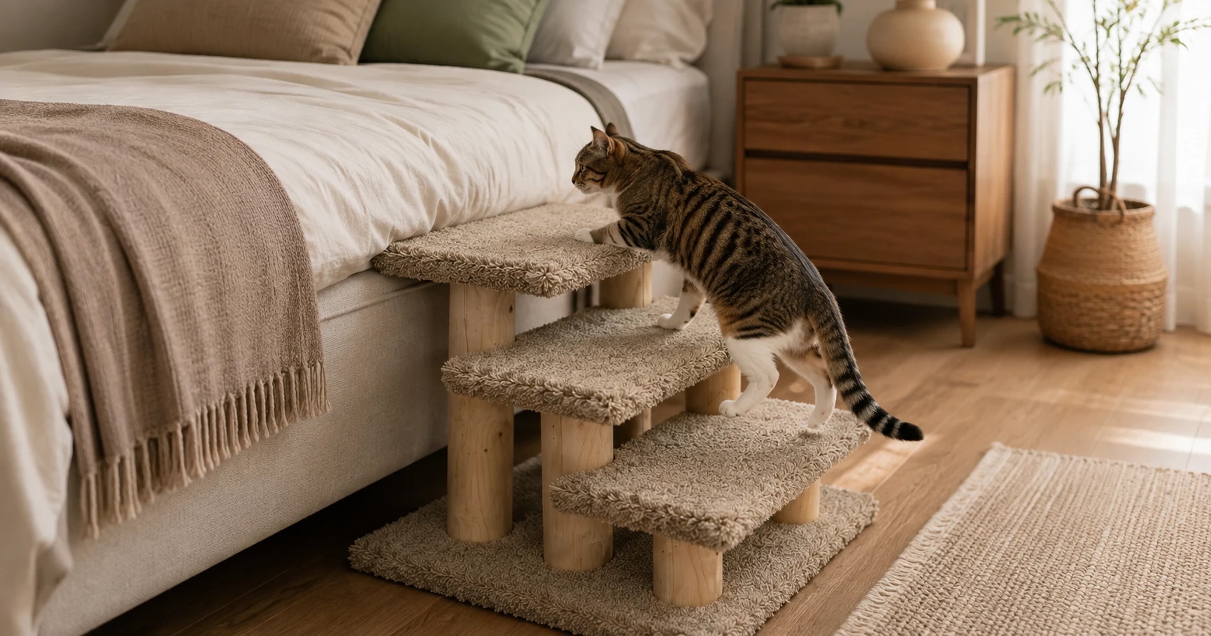 Cat climbing stepped pet stairs next to a bed