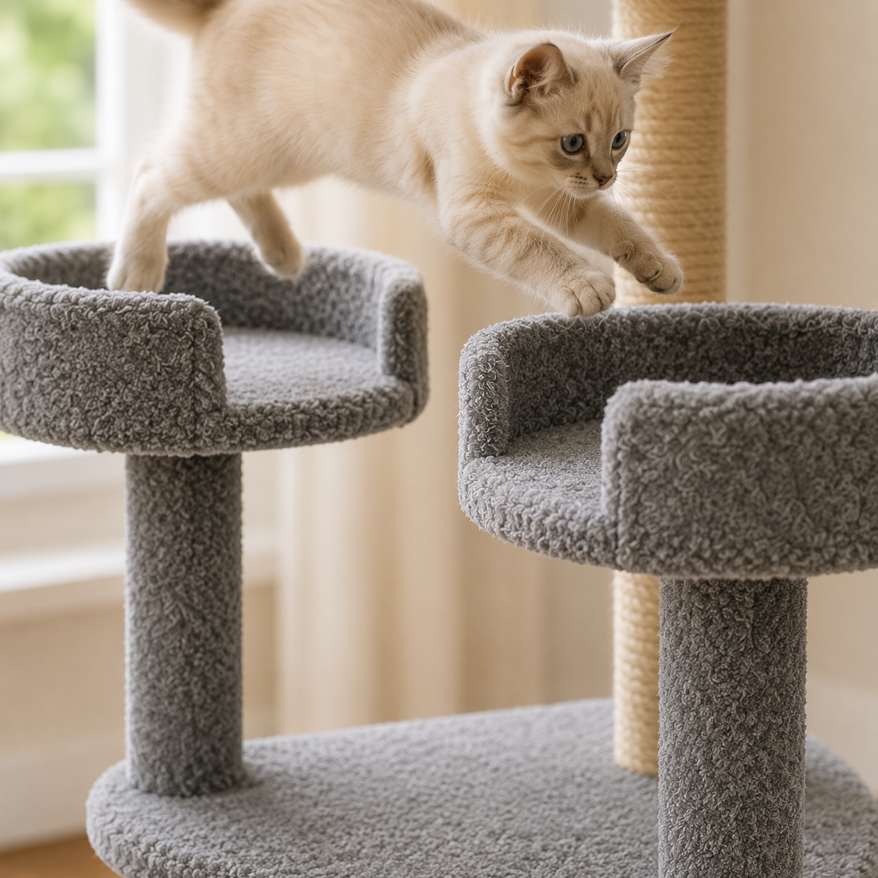 Kitten confidently jumping between cat gym platforms