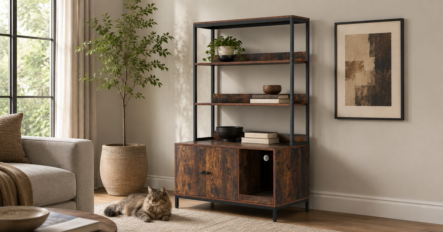 Tall litter box furniture cabinet with open shelving above and cat enclosure at base in a styled living room