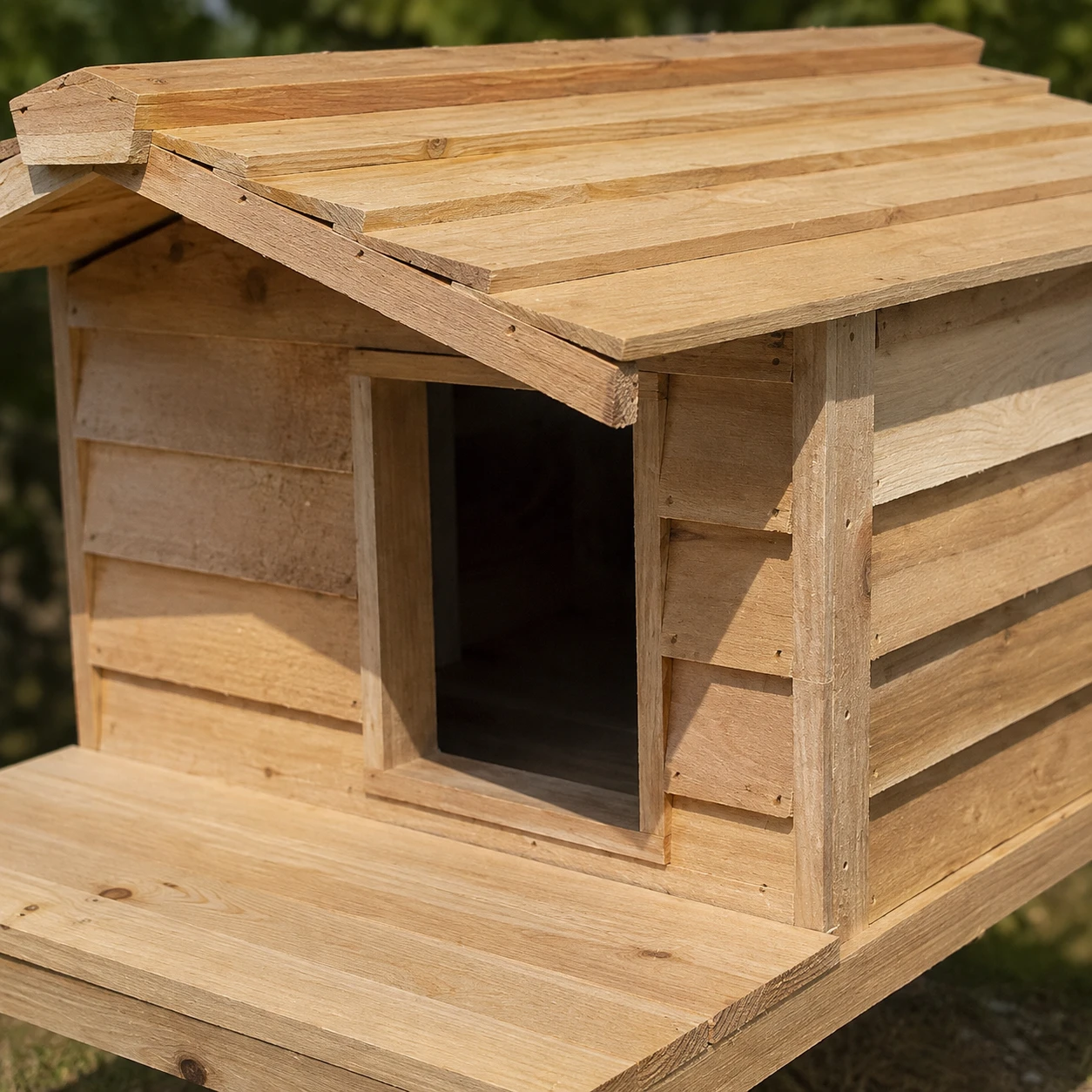 Close-up of cedar outdoor cat house roofline and raised base construction