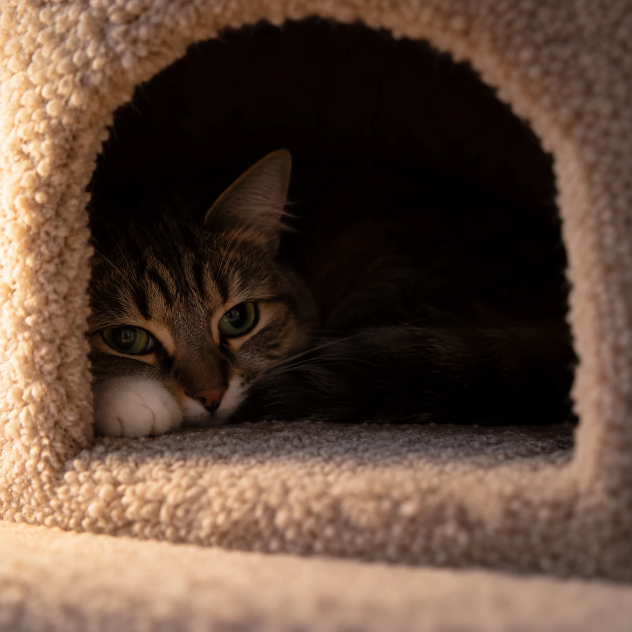 Cat resting safely inside an enclosed cat condo hiding spot