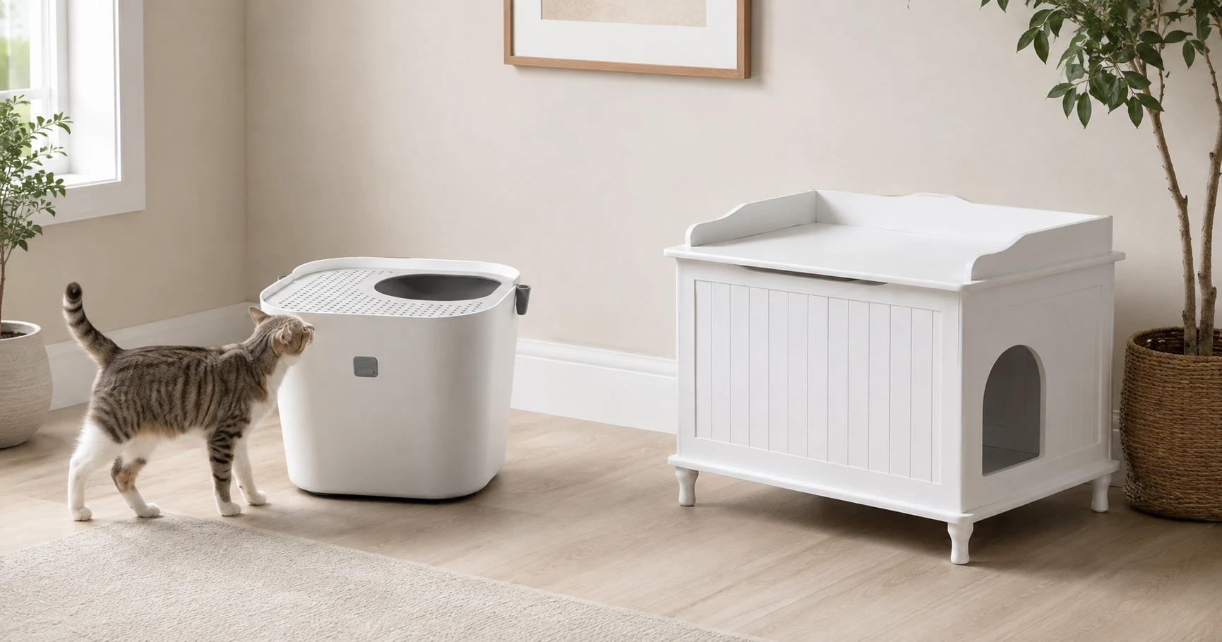 Top-entry litter box next to a side-entry litter box enclosure