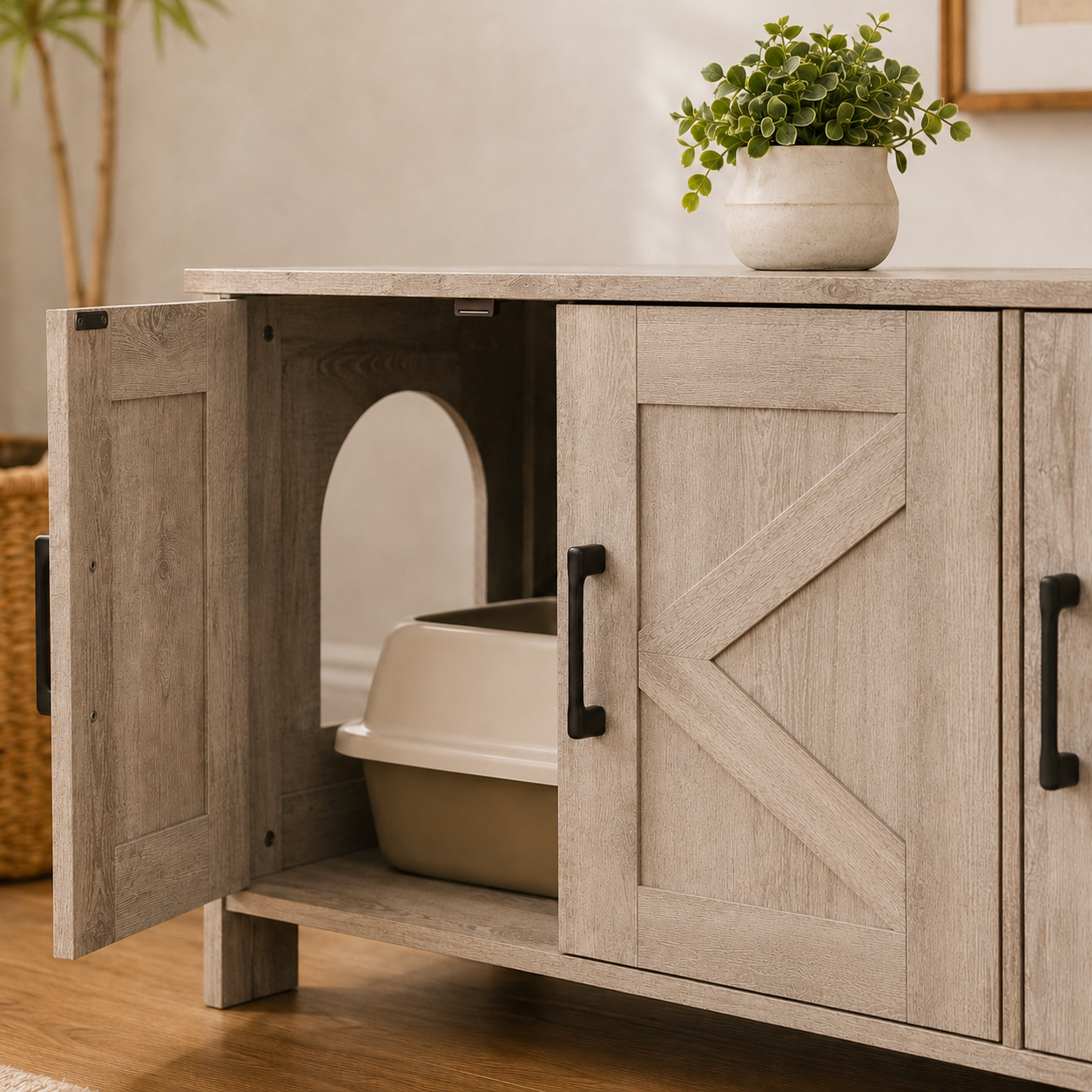 Farmhouse style litter box furniture cabinet with quality wood finish and hardware