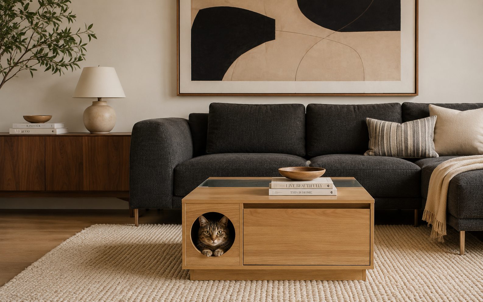 Coco multifunctional coffee table with built-in cat condo in styled living room -- CatsPlay.com