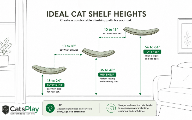 Diagram showing correct cat wall shelf heights and spacing -- CatsPlay.com