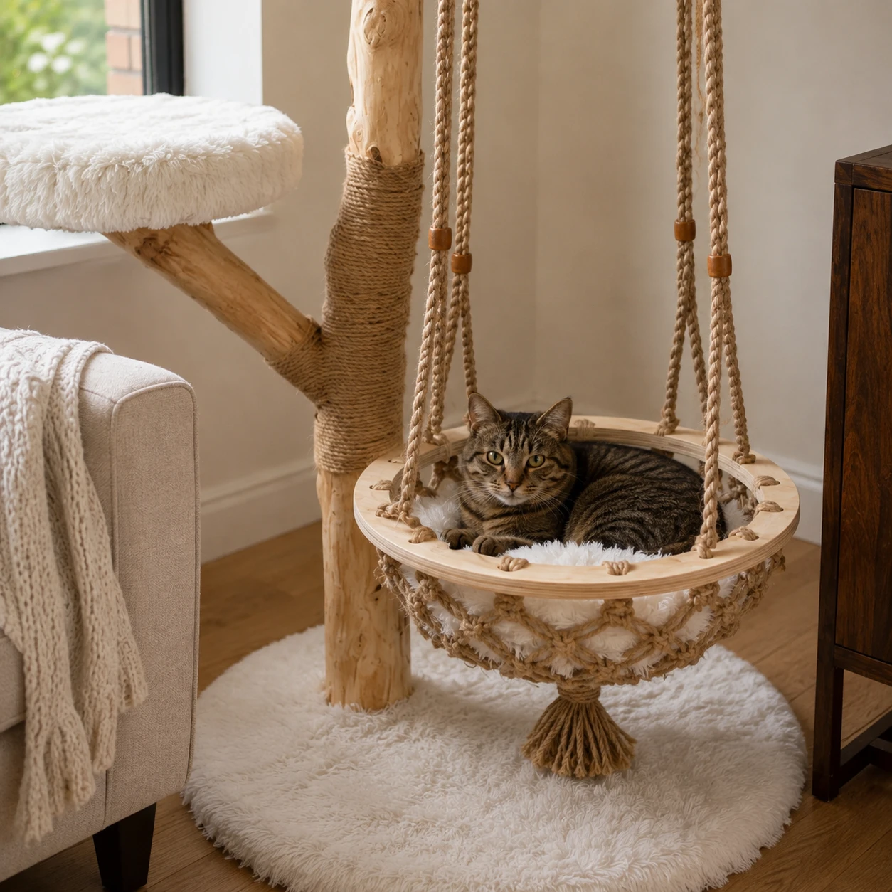 Cat resting in a woven hanging basket bed at the base of a solid wood cat tree