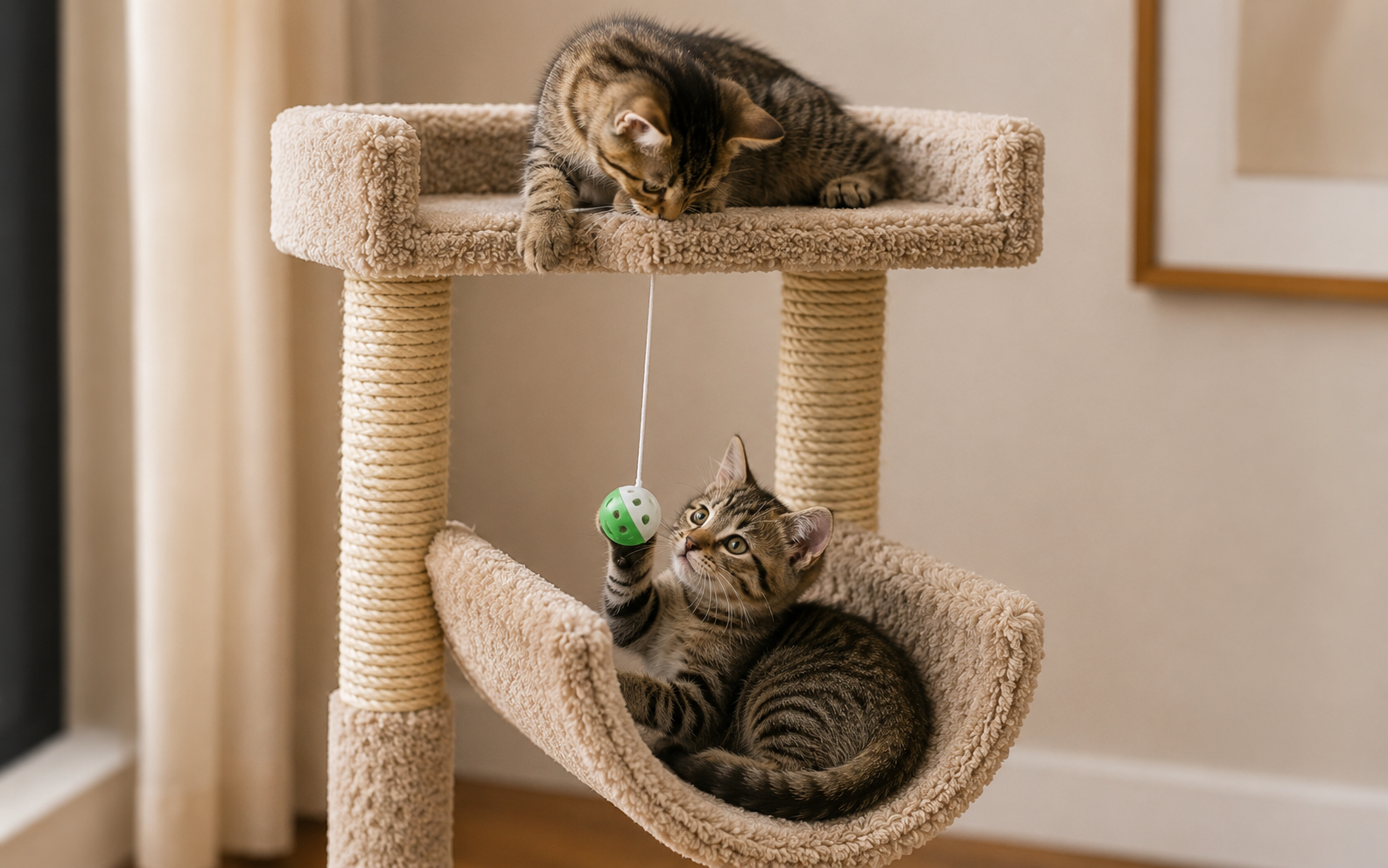 Two kittens playing on a compact appropriately-scaled cat tree -- CatsPlay.com