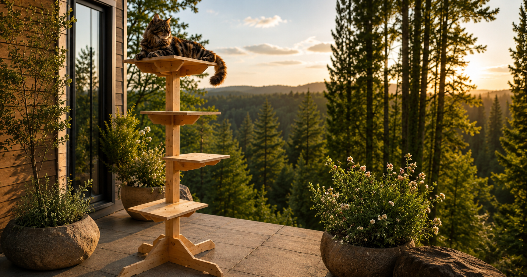 Cedar cat tree on deck with cat on top platform, warm afternoon light -- CatsPlay.com