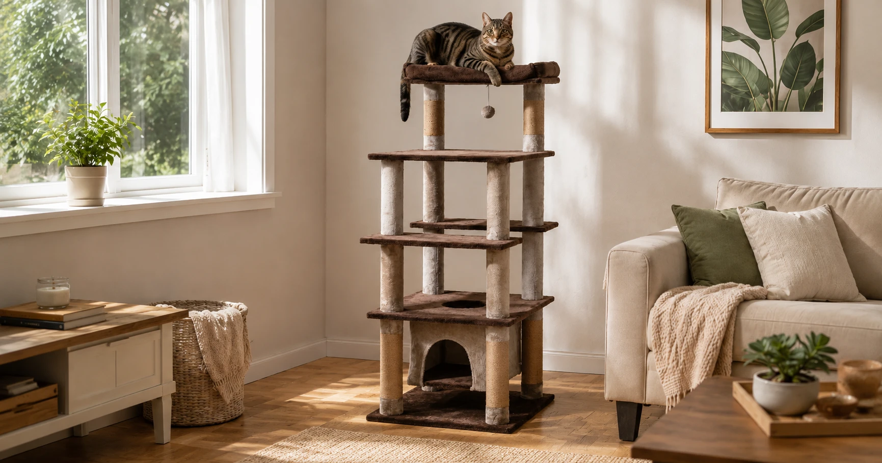 Cat perched on a sturdy multi-level cat tower in a comfortable living room