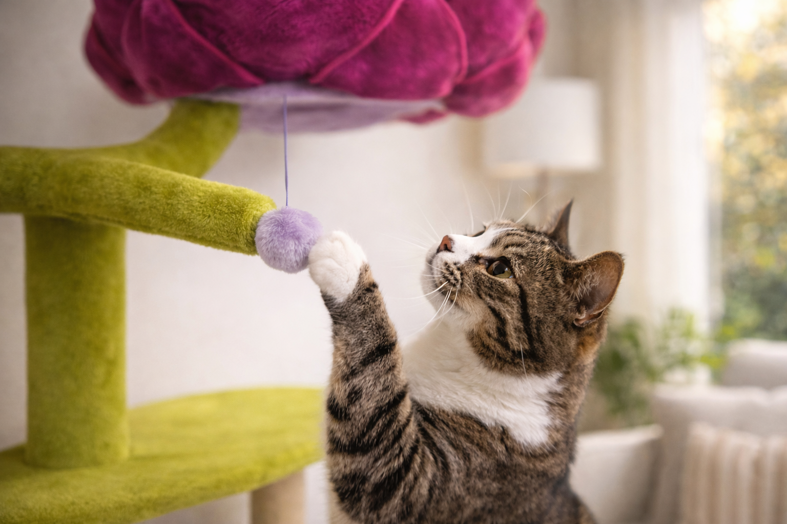Cat interacting with the lime green branches of the Lotus Tree