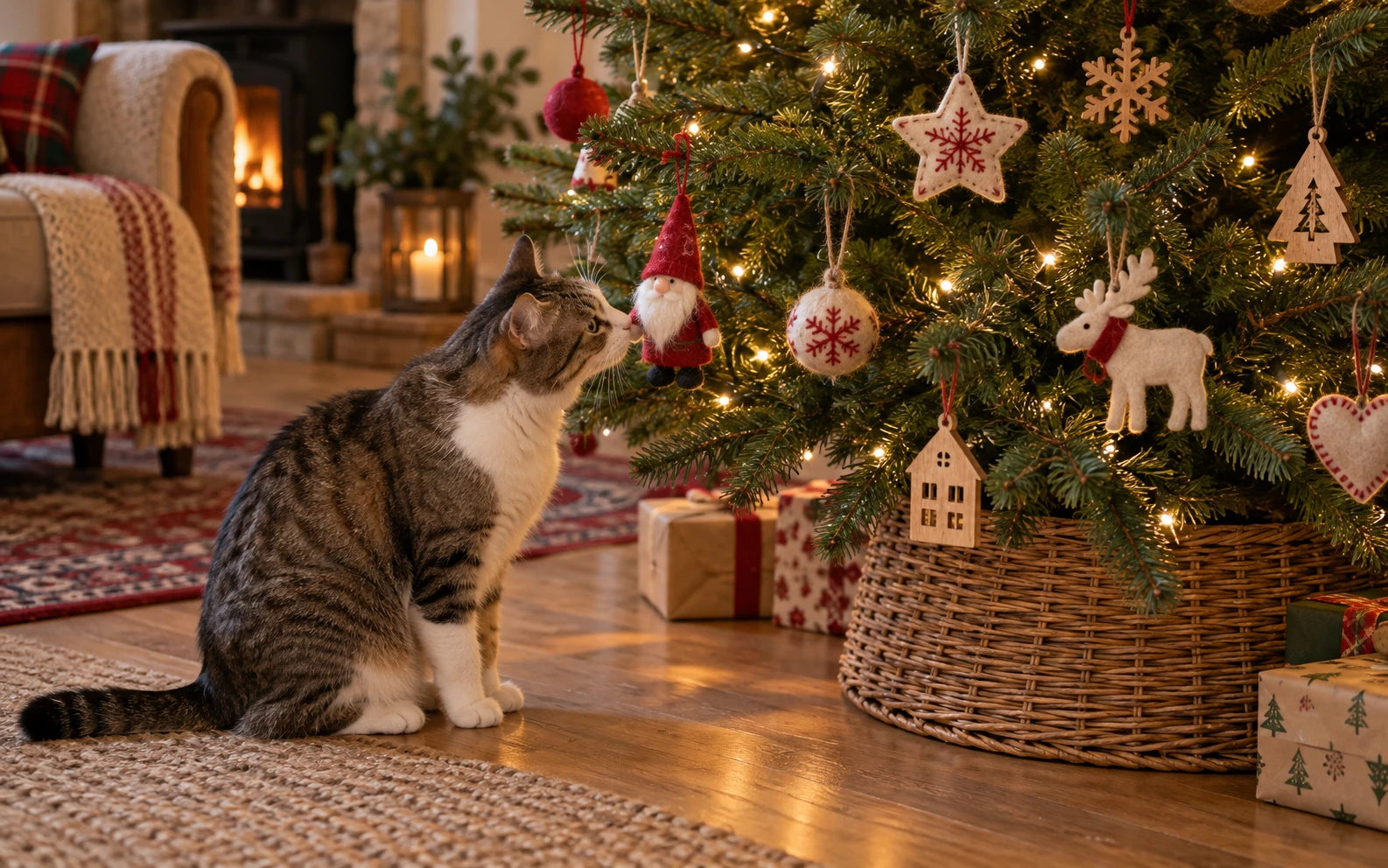 Cat-proof Christmas tree with unbreakable ornaments on cloth loops and no tinsel