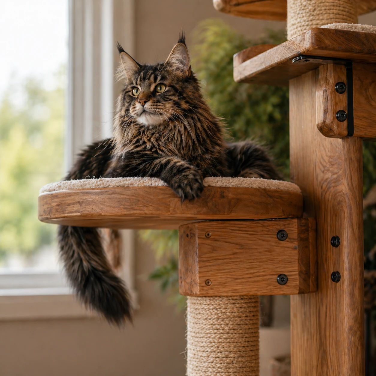 Close-up of a beautiful Maine Coon cat lounging on a solid wood cat tree