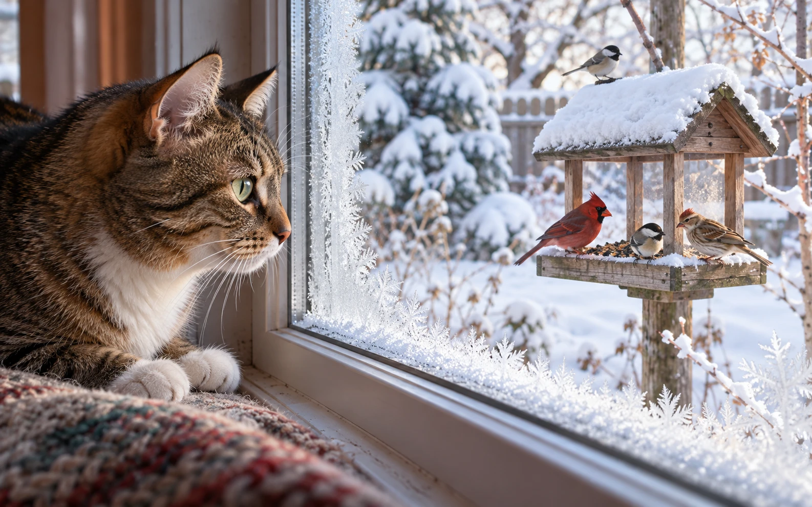 Cat at a frosty window watching birds while home alone