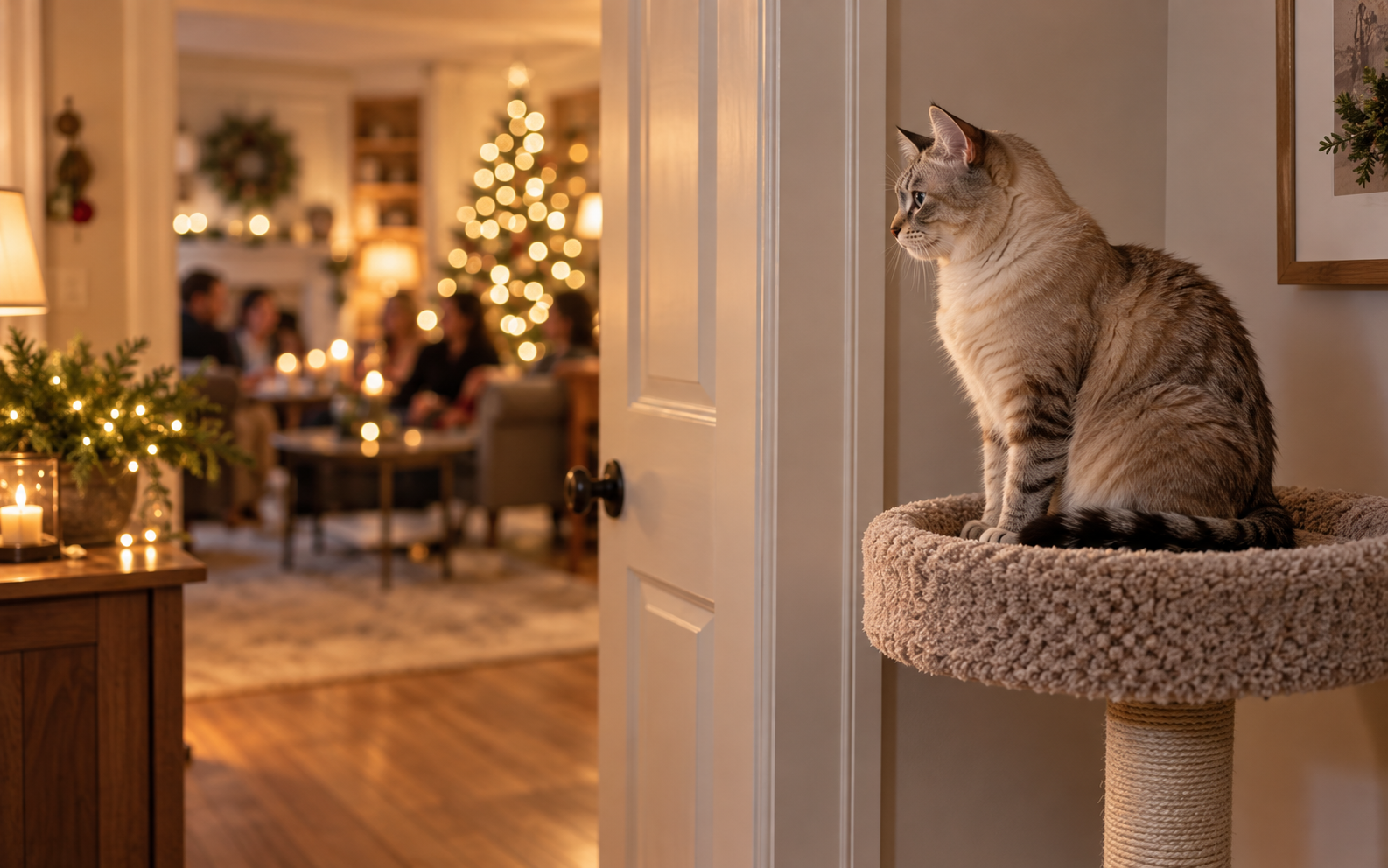 New cat watching a holiday gathering from a high perch in a quiet room