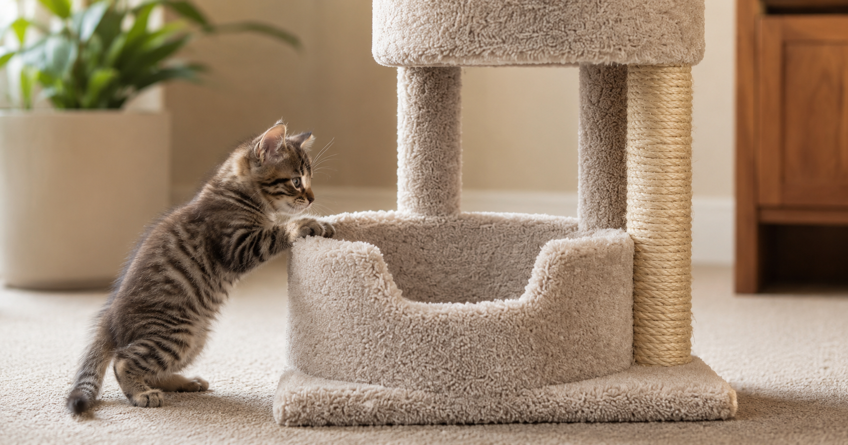 Kitten climbing a cat gym built for smaller cats