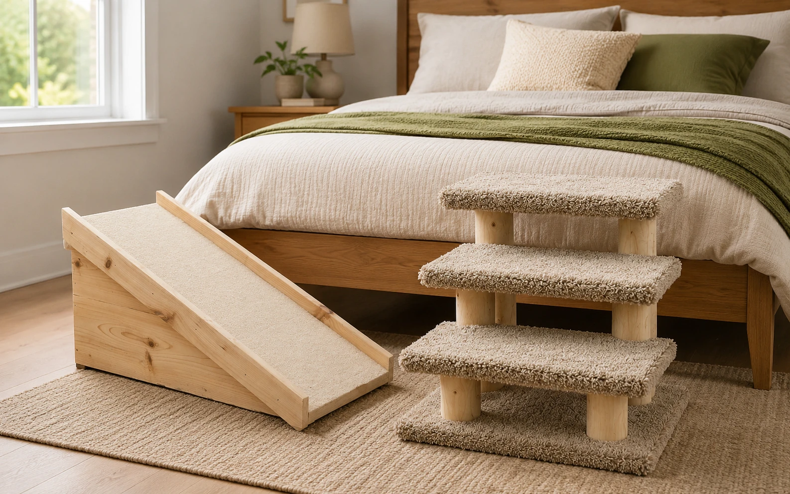 Smooth incline ramp next to stepped pet stairs, showing the structural difference