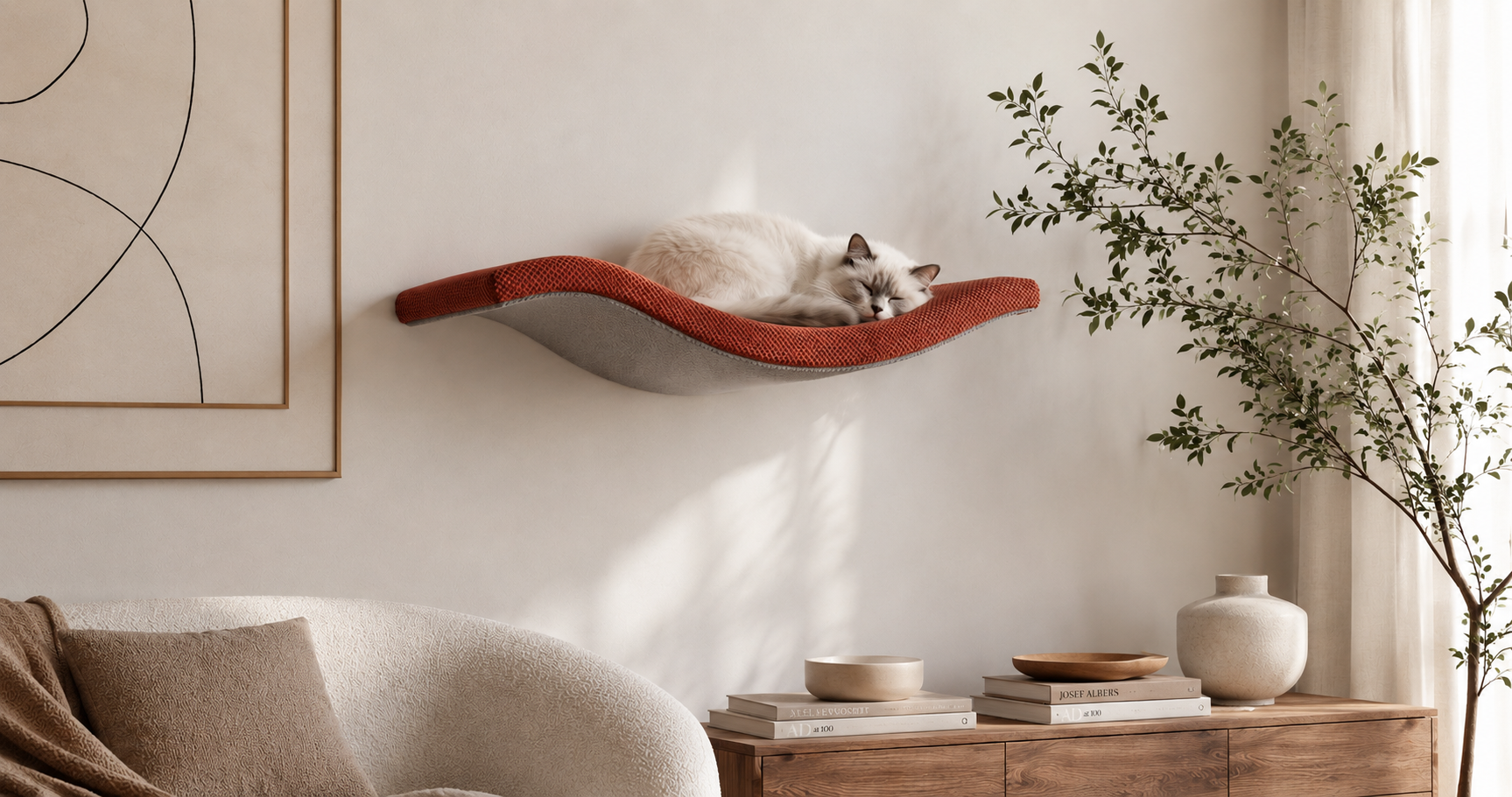 Curved cat wall shelf in a modern Scandinavian living room -- CatsPlay.com