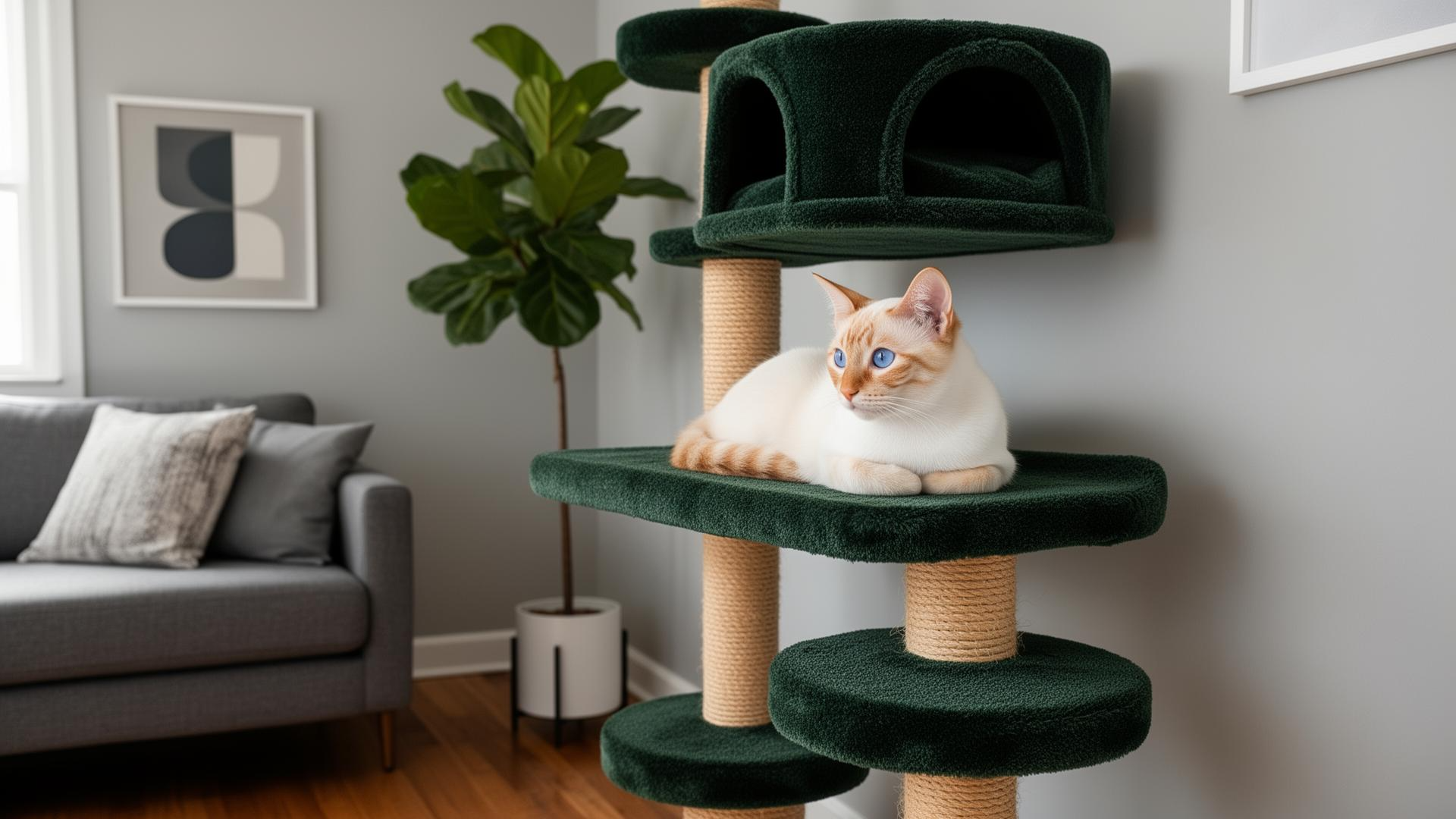 Flame point Siamese cat relaxing on a premium green cat tree in a stylish living room