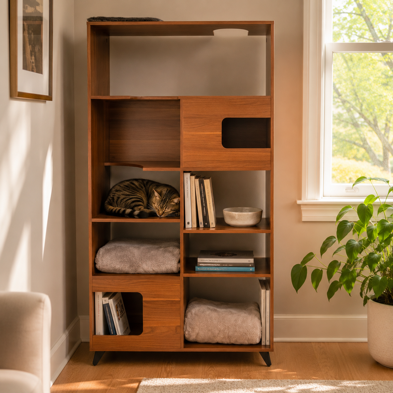 Cat peeking out from a cozy bookshelf cat tree nook