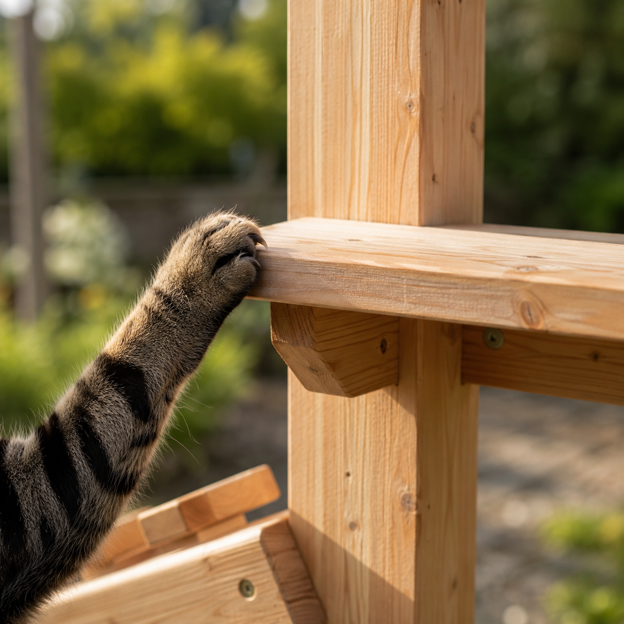 Close-up of weather-resistant cedar cat gym construction