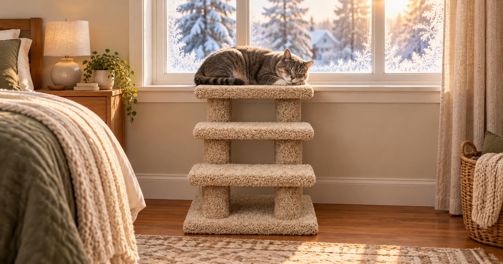 Senior cat resting in a sunny winter window reached by cat stairs for older cats