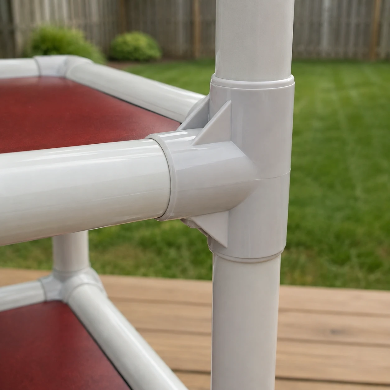 Close-up of the tier connection point on a modular cat climbing system