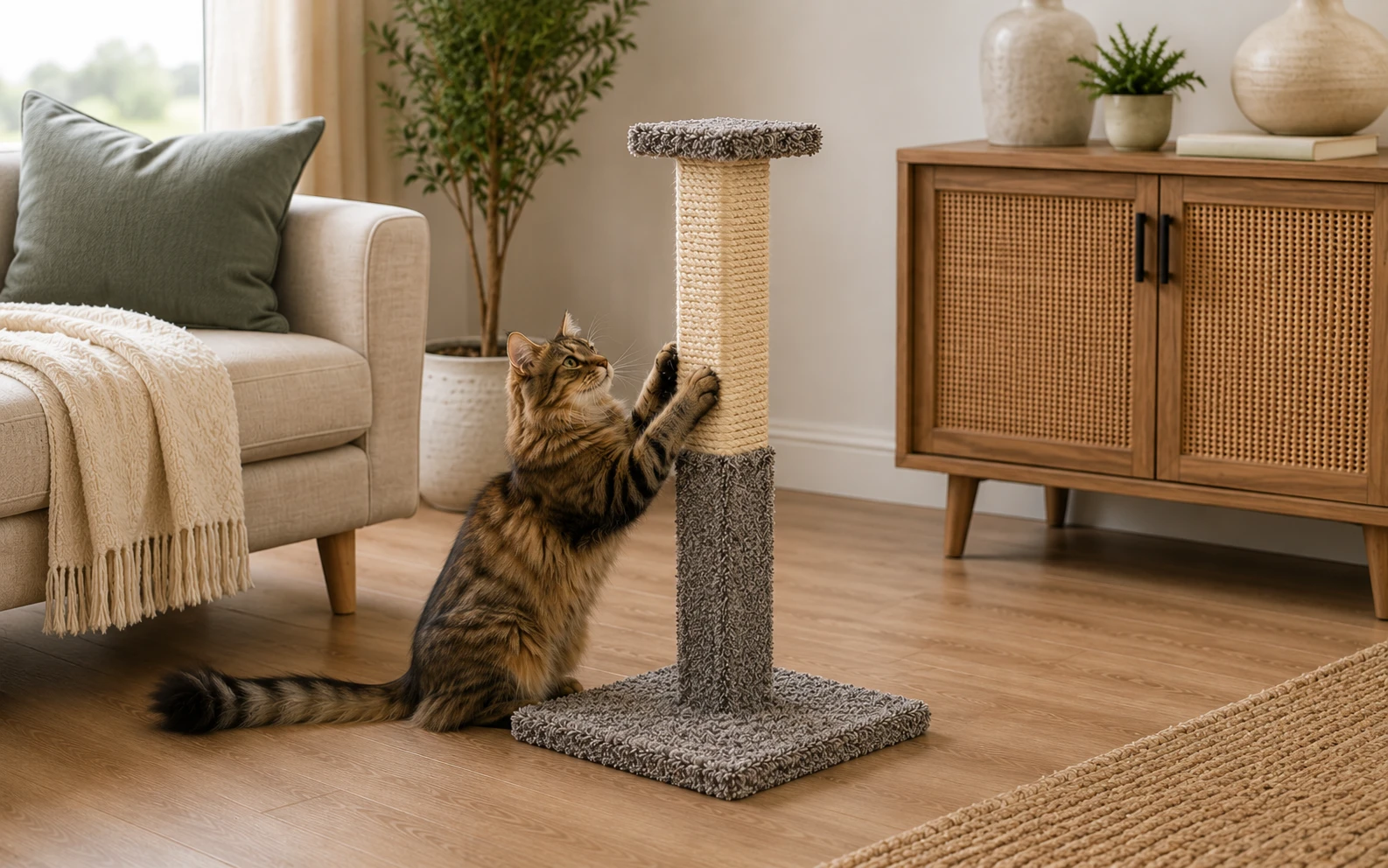 Worn sisal rope texture next to matted carpet texture on scratching posts