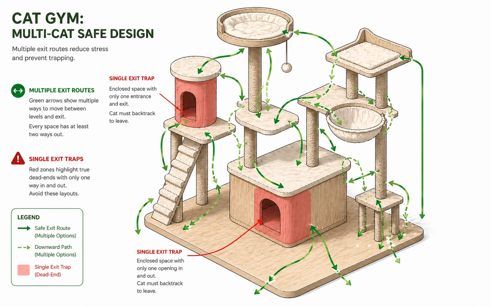 Diagram of a cat gym layout showing multiple exit routes with green arrows for safe paths and red zones marking single-exit traps